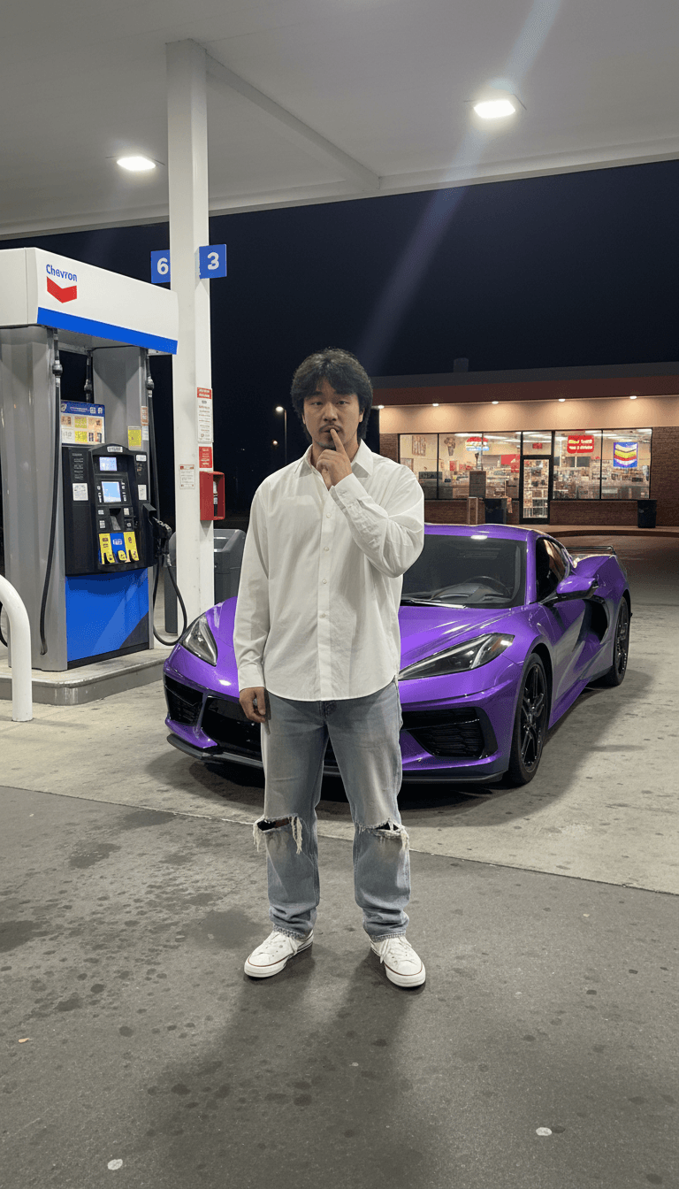 Purple Corvette Gas Station